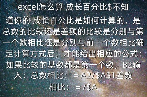excel怎么算 成長百分比$不知道你的 成長百公比是如何計(jì)算的，是總數(shù)的比較還是差額的比較是分別與第一個(gè)數(shù)相比還是分別與前一個(gè)數(shù)相比確定計(jì)算方式后，才能給出相應(yīng)的公式：如果比較的基數(shù)都是第一個(gè)數(shù)，B2輸入：總數(shù)相比：＝A2/$A$1差數(shù)相比：＝/$A